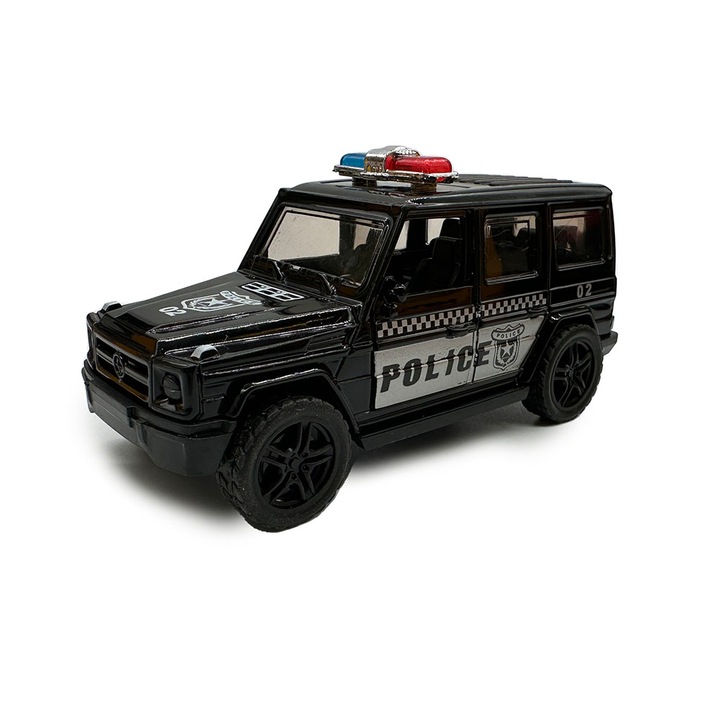 Masinuta de jucarie, Jeep de interventie, 11 cm, din metal, cu lumini, sunete, motor pull-back, se deschid usile, negru, Vision XXI