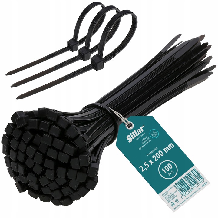 Set 100 bucăți bride Sillar 2,5x200mm, negru, rezistente la temperaturi extreme, pentru organizare și fixare