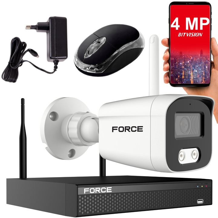 Force, megfigyelő készlet, 1x 4MP 2K WiFi IP kamera, WiFi rögzítő, kültéri, IP67, IR30m