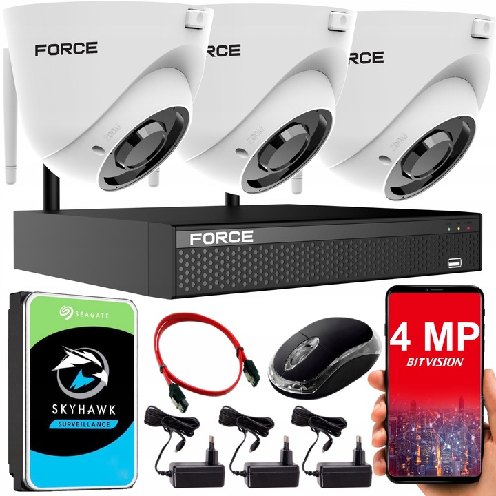 Force Video Surveillance Set, 3 WiFi IP kamera 4MP 2K, Kültéri, IR30m, 1TB HDD