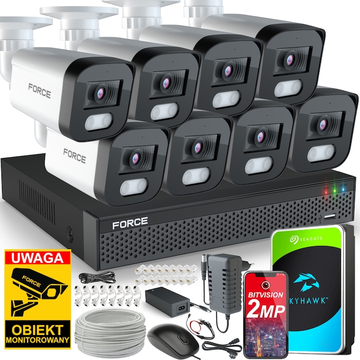 Force videó megfigyelő készlet, 8 Full HD 2MP IP kamera, 25m, mozgásérzékelés, kültéri, 1TB, többszínű
