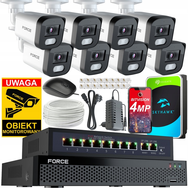 Set de supraveghere video FORCE 8 camere IP 4MP 2K, 1TB DISK 8CH
