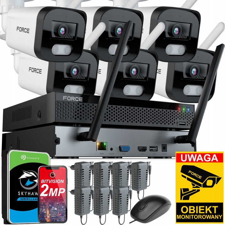 Set supraveghere video Force, 6 camere IP exterior, Full HD 2MP, 25m, detectie miscare, 1TB, multicolor