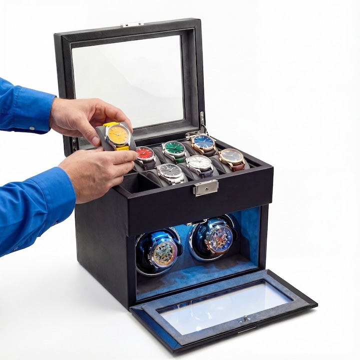 Cutie Intors Ceasuri Automate, Watch Winder Premium W148BG, 1 Program de Rotatie, Inchidere cu Cheie, Exterior din Piele, Interior din Catifea, Alimentare la Priza, Negru