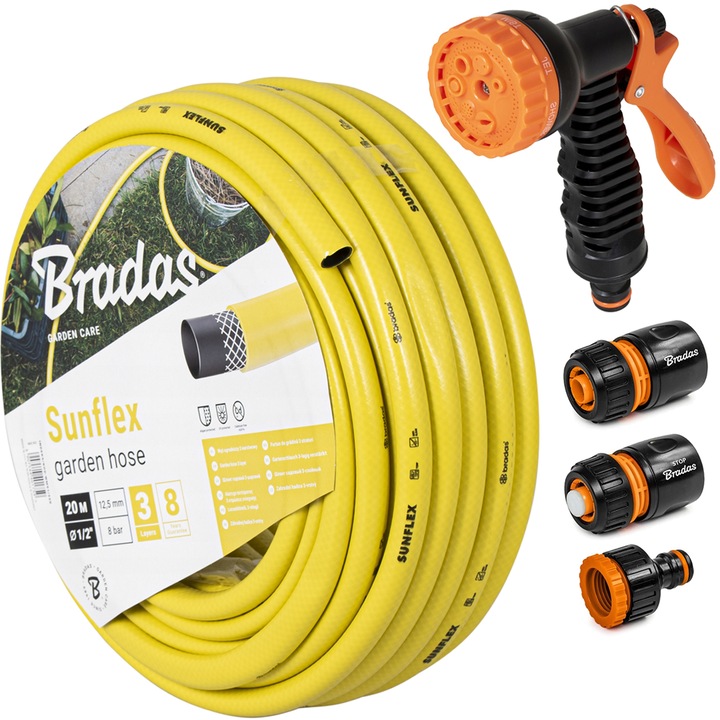 Комплект градински маркуч Sunflex 1/2 + аксесоари, 50 м, 3 фитинга, пистолет, жълт