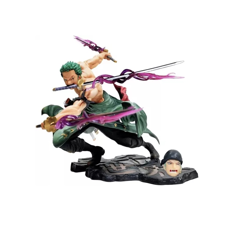 Figurina One Piece Roronoa Zoro 3 sabii, 19cm, 2 capuri