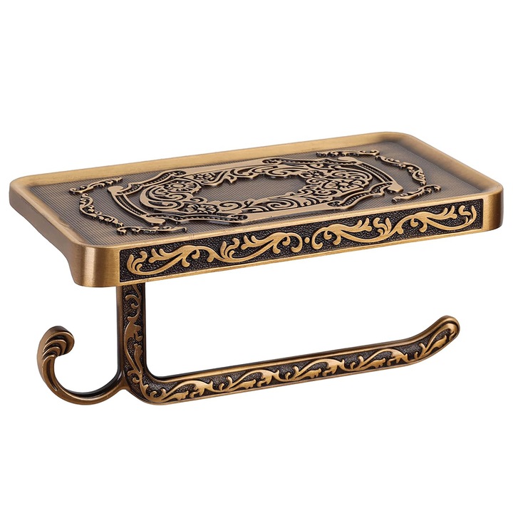 Suport pentru hartie igienica cu raft, JESWO®, Aluminiu, Bronz