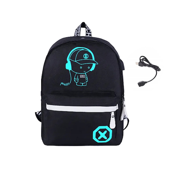 Тийнейджърска ученическа чанта, Zola®, светлоотразителна, USB удължител за зареждане, жак за слушалки, 40 x 32 x 15 cm