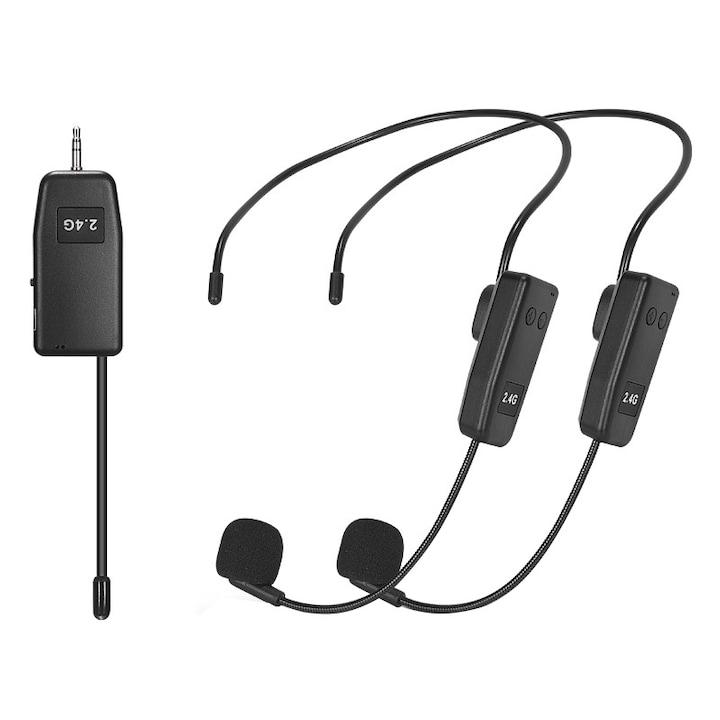 Комплект от 2 микрофона Lavaliera, безжични, 2.4G, 30 m, 3.5 / 6.5 mm, 450mAh, тип C, автоматична връзка, интелигентно намаляване на шума, дълга автономност до 15 часа, ергономичен, ясен глас, sundiguer, черен