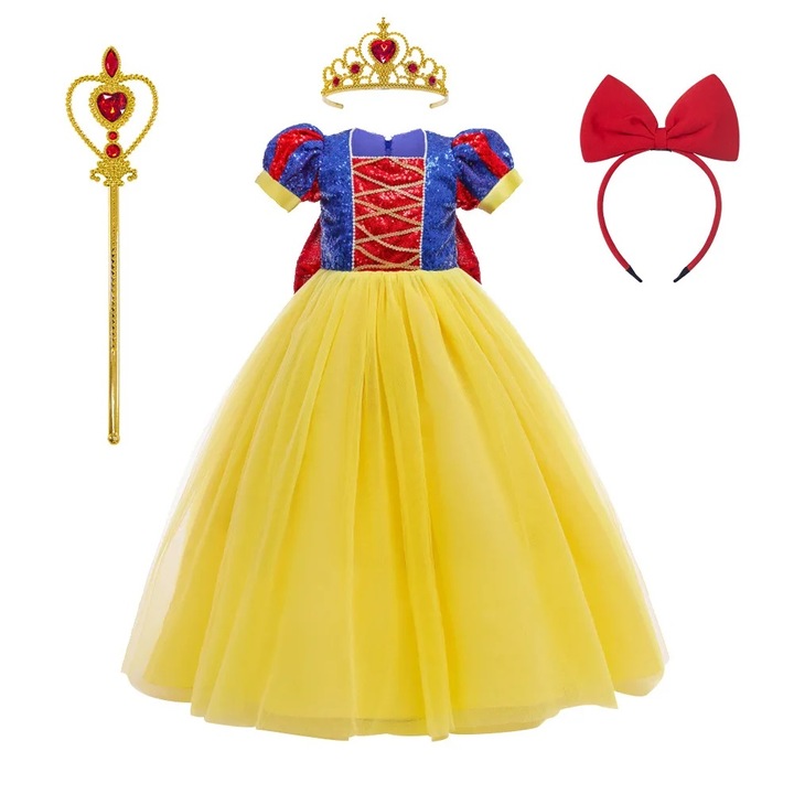 Costum fete Alba ca Zapada rochie cu funda, bagheta, coronita, bentita cu funda, 3-4 ani, multicolor