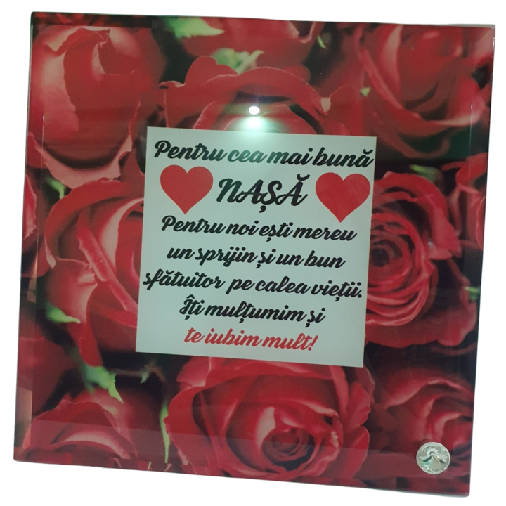 Placheta sticla, personalizata cu mesaj, pentru nasa, 20x20 cm