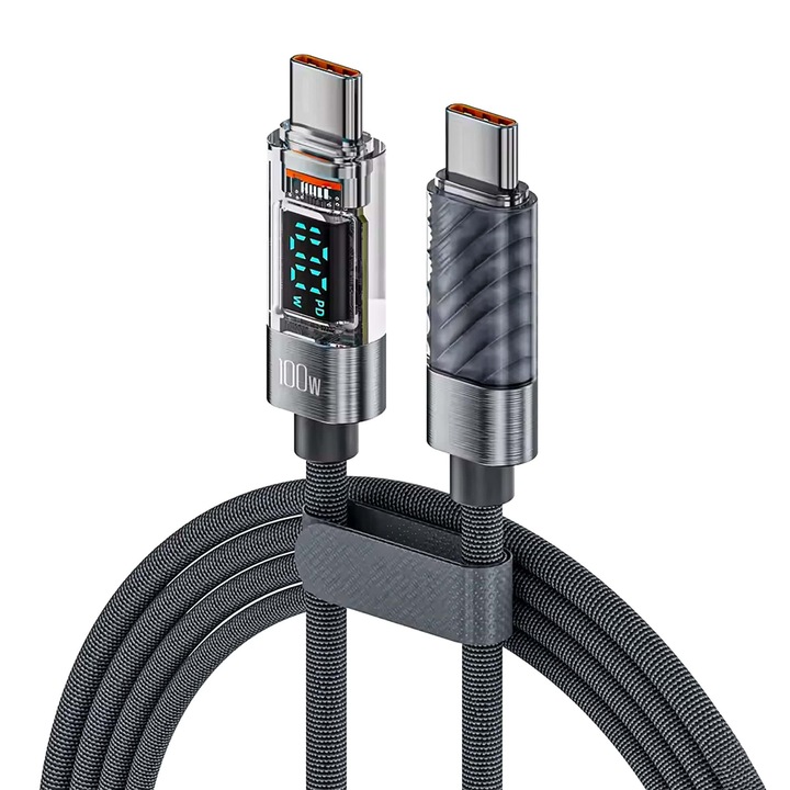 Cablu de Incarcare si Transfer de Date, Timebox, Fast Charge 100W, Display Digital, 2m, Nylon, USB-C la Type-C, Compatibil iPhone 15, Macbook, Android, Samsung, Huawei, Macbook, Xiaomi, Gri