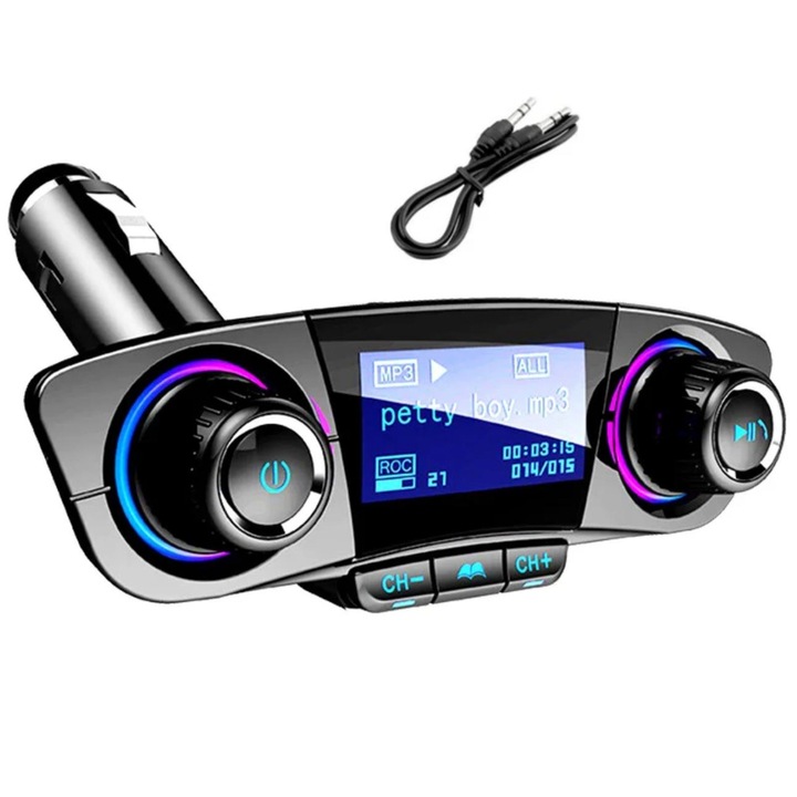 Modulator Auto, Transmitator FM Bluetooth 4.0, Dublu USB, Micro SD, Cablu Jack 3.5 mm Inclus, 3.1A Charging, Hands Free, Negru