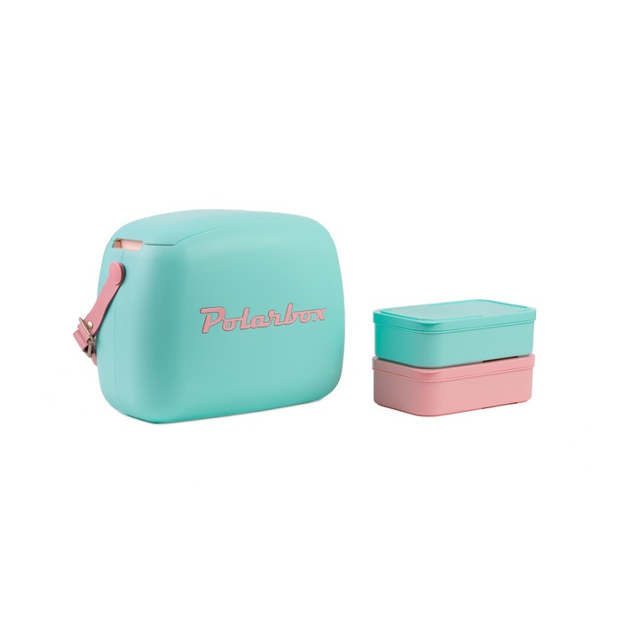 Хладилна чанта Polarbox, Pop, капацитет 6 литра, ретро дизайн, запазва напитките и храната студени, идеална за пикник/плаж/туризъм, включени 2 гювечета, херметично затваряне, кожен бар, пастелно зелено