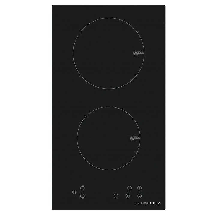 Plita incorporabila cu inductie Schneider, SCDI30N1, latime 30 cm, ideala pentru spatii mici/ rulote/ camin, 2 zone, consum redus, sticla ceramica, 9 niveluri putere, functie boost, temperatura reglabila, detectare vas, touchscreen, 3500 W, negru