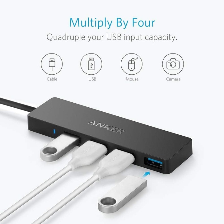 Хъб Anker USB 4 в 1, 4 USB 3.0 порта, черен