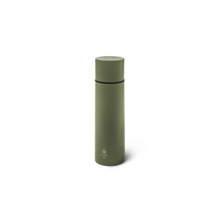 Ultra ellenálló termosz 750 ml Isola Delphin, vékony profil, könnyű, rozsdamentes acél, dupla falú vákuummal, csavarós kupak csészével, hermetikus záródás, zöld