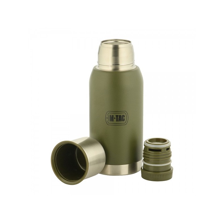 Termos perfect etans 750 ml ultra rezistent Typ 2 M-Tac, otel inoxidabil, pereti dubli cu vid, profil suplu, greutate redusa, design militar, capac si ceasca, inchidere ermetica, verde