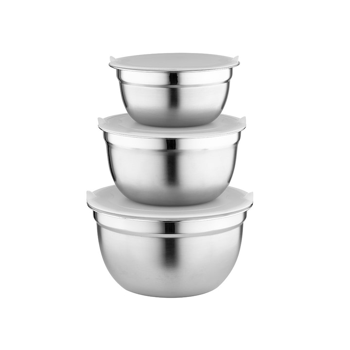 3 db rozsdamentes acél tál készlet fedővel, 14cm/16cm/18cm