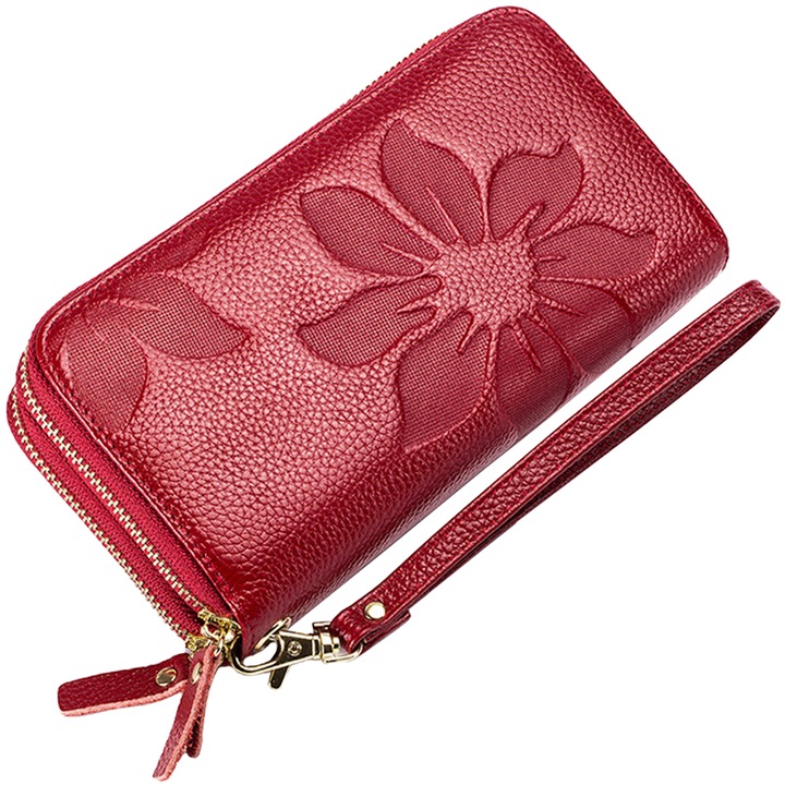Portofel dama, din piele naturala, protectie RFID, ornamente florale embosate, doua compartimente principale cu fermoare, curea de mana, incapator, 19x10x4.5cm, pentru telefon, bancnote, carduri, monede, Rosu, OptimStar®