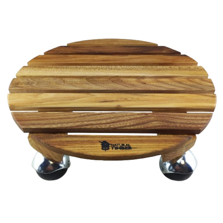 Suport ghiveci pentru flori rotund 35x9, 3 cm., lemn masiv, impregnat cu ulei, roti mobile rotunde metal, exterior-interior, Natural Timber