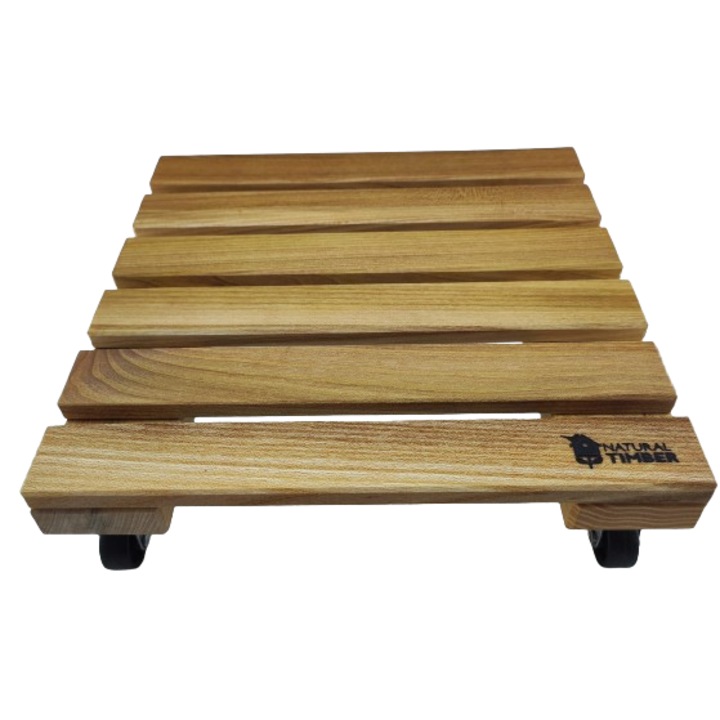 Suport ghiveci pentru flori patrat 25 cm.x 6.5 cm., lemn masiv, impregnat cu ulei, mobil cu roti pivotante, exterior-interior, Natural Timber