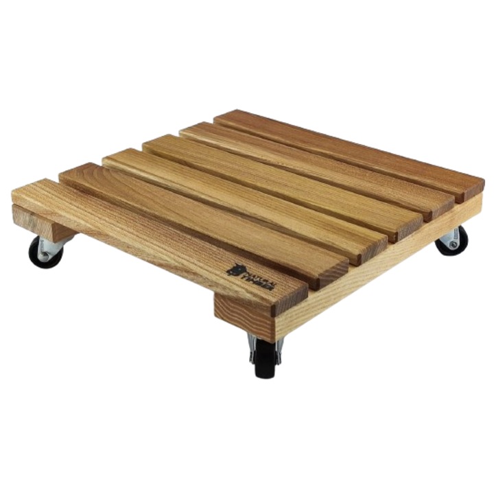Suport ghiveci pentru flori patrat 25 cm.x 6.5 cm., lemn masiv, impregnat cu ulei, mobil cu roti pivotante, exterior-interior, Natural Timber