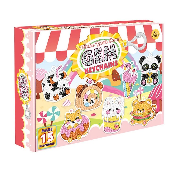 Set creativ broderie cu diamante pentru breloc, modele pentru copii, 15 modele diferite, multicolor