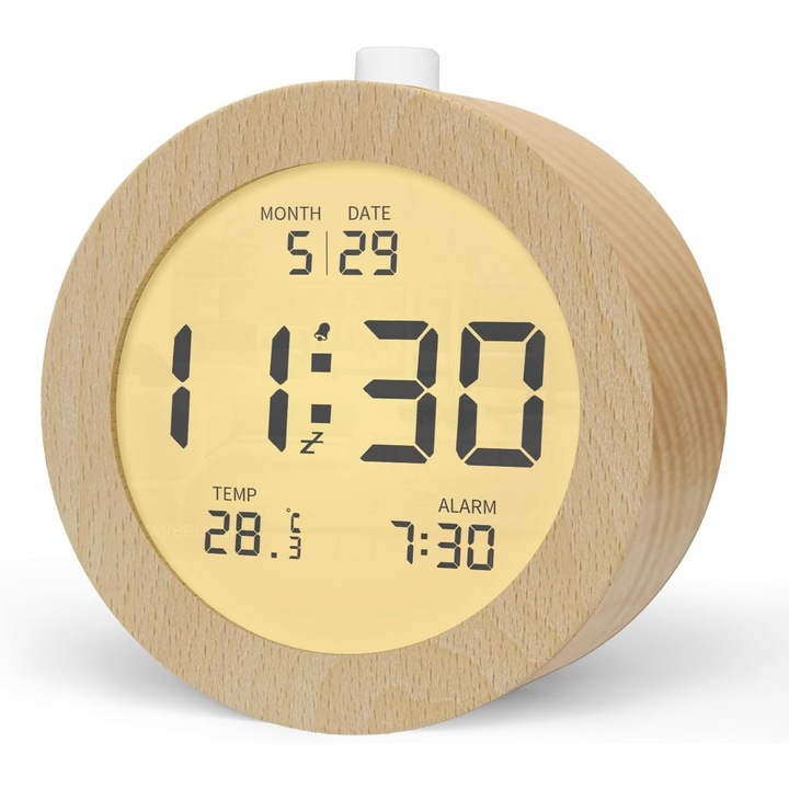FentClock digitális elemmel működő ébresztőóra, fából, hőmérséklet kijelzővel, LCD képernyővel szundi funkcióval és háttérvilágítással