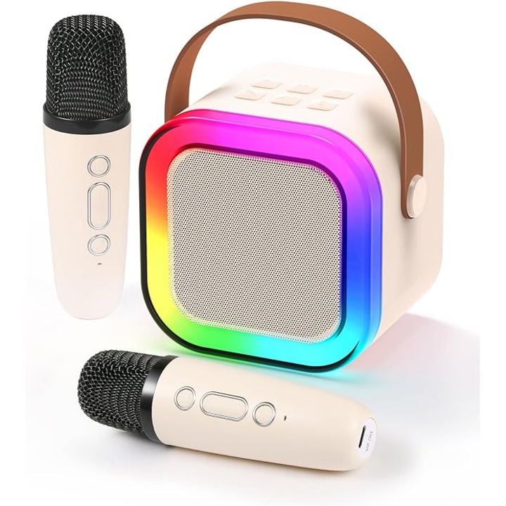 Set boxa portabila cu 2 microfoane, Wireless, Bluetooth V5.3, Karaoke, 5 Module de Voce, Copii si Adulti, Lumini LED RGB Dinamice, 42dB, Difuzor 5W, 2000mAh, USB-C, AUX, MicroSD Card, Player MP3, Bej