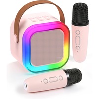 Set boxa portabila cu 2 microfoane, Wireless, Bluetooth V5.3, Karaoke, Module de Voce, Copii si Adulti, Lumini LED RGB Dinamice, 42dB, Difuzor 5W, 2000MAh, USB-C, AUX, MicroSD Card, Player MP3, Roz