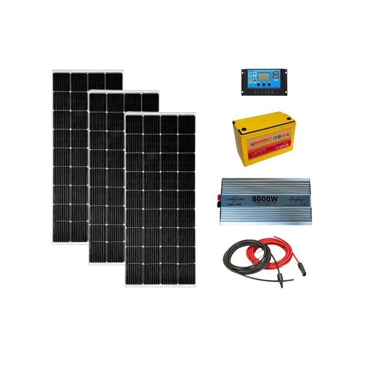 Kit solar fotovoltaic off grid Solid Volt, invertor 8000W 12V, 3 panouri solare 200W, regulator/ controller 40A, baterie solara 105Ah AGM si 20 m cablu solar cabana, rulota, casa, autorulota, container, iluminat
