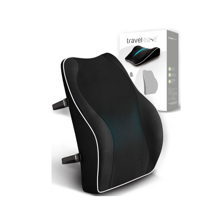 Perna lombara, ergonomica, Travel Ease, din spuma de memorie pentru scaune de birou, husa prietenoasa cu pielea pentru confort, Negru