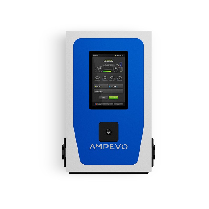Statie incarcare dubla, 2x22kW, 2 prize Type 2, cu protocol OCPP 1.6J, display 10" HD IK 10, IP55, touchscreen, soft de gestionare al incarcarilor, acces RFID, GS344T2GO-IK10-SM, AMPEVO