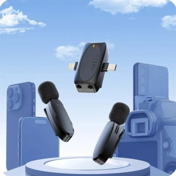 Комплект от 2 микрофона Lavaliera, GearPro, V6, безжичен, за USB Type C и Lightning, съвместим с Android и iOS, черен