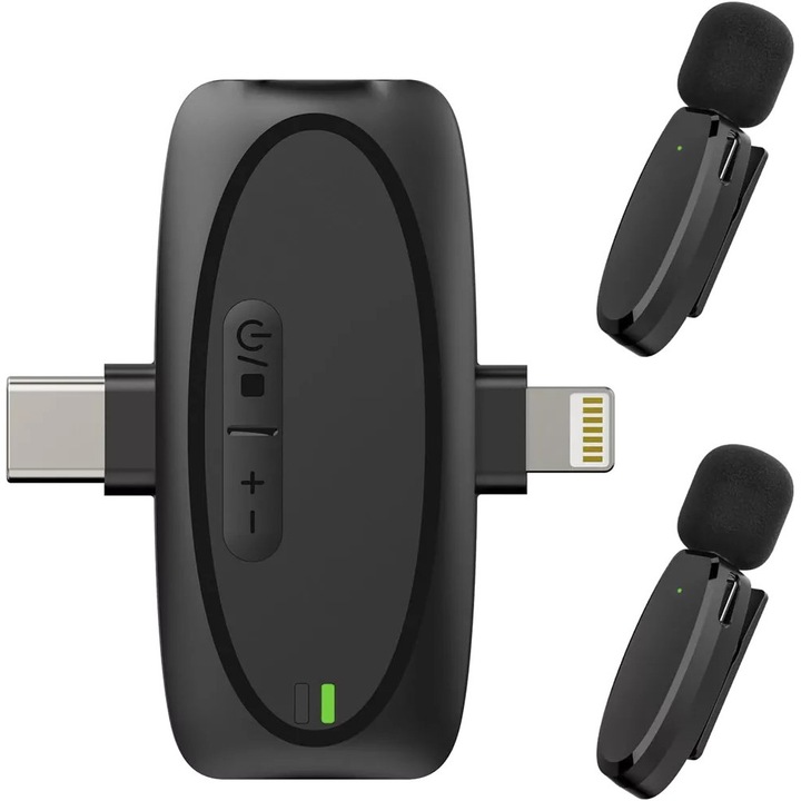 2 db Lavaliera mikrofon készlet, GearPro, V6, vezeték nélküli, USB Type C és Lightning, Android és iOS rendszerrel kompatibilis, fekete