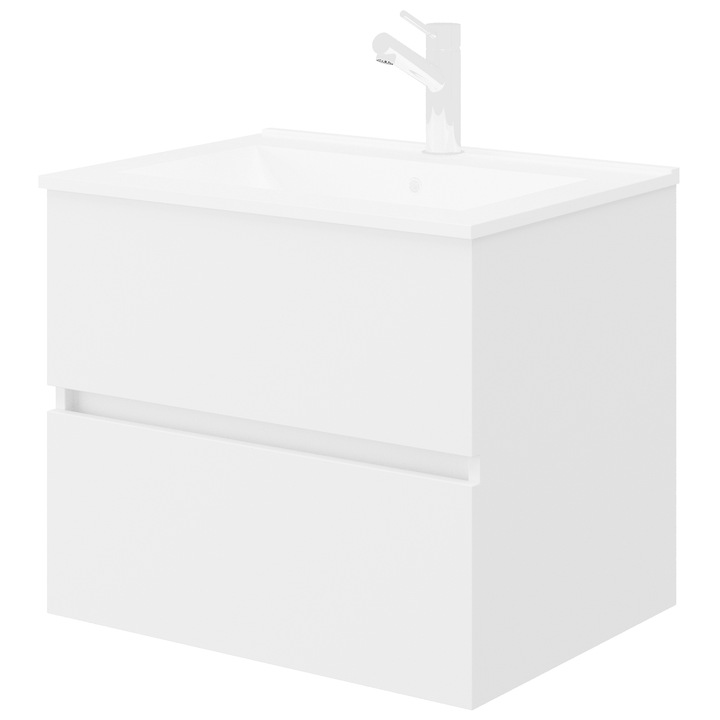 Kring Easy függesztett fürdőszobai bútor, 2 fiók, soft close és kerámia mosdókagylóval, fényes laminált MDF előlap, festett forgácslap, 61 x 46,5 x 53 cm, fehér