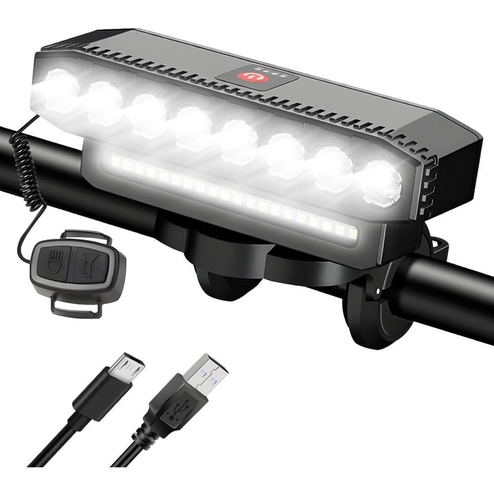 Lumina pentru ciclism de noapte, Prixtal, cu 8 LED-uri, alarma si claxon, rezistent la apa, reincarcabil USB, power bank 4000 mAh, 900 Lumeni, 6000 lumeni, IPX4, 6 moduri, ABS, 138*40*51mm, negru