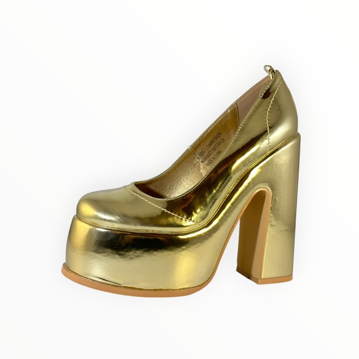 Pantofi cu Toc si Platforma pentru Femei - EGO Piele Lacuita Artificiala culoare Aurie, Marimea 38 EU