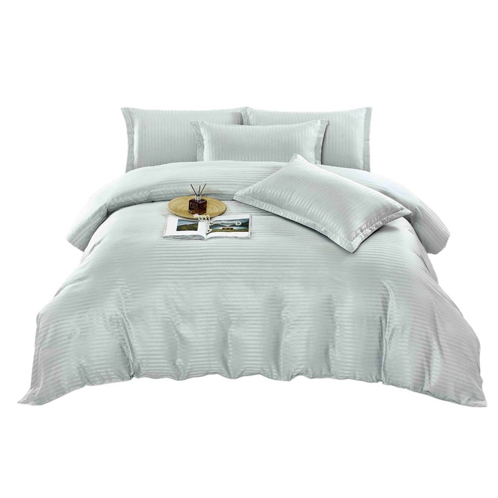 Lenjerie de pat pentru 2 persoane cu elastic Damasc, JOJO, Bumbac finet, 2 fete, 6 piese, gri