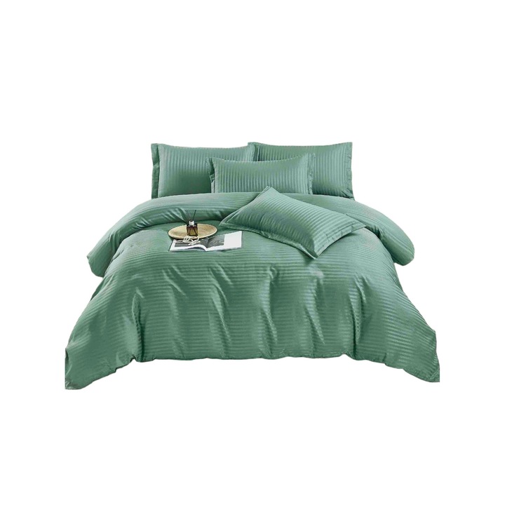 Lenjerie de pat pentru 2 persoane cu elastic Damasc, JOJO, Bumbac satinat, 2 fete, 6 piese, verde pal