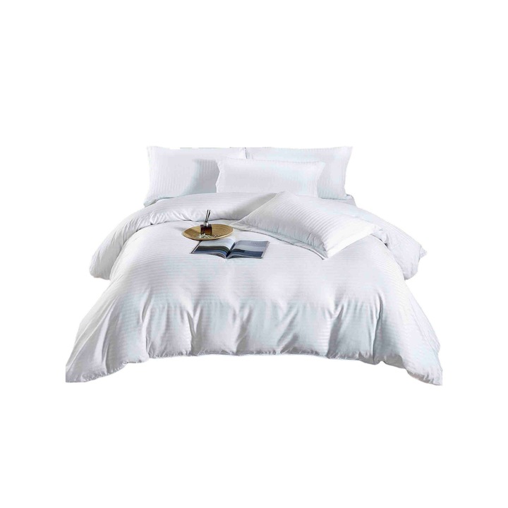 Lenjerie de pat pentru 2 persoane cu elastic Damasc, JOJO, Bumbac satinat, 2 fete, 6 piese, alb