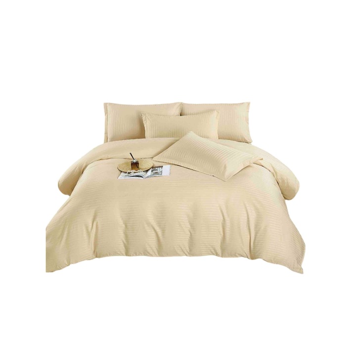 Lenjerie de pat pentru 2 persoane cu elastic Damasc, JOJO, Bumbac satinat, 2 fete, 6 piese, crem