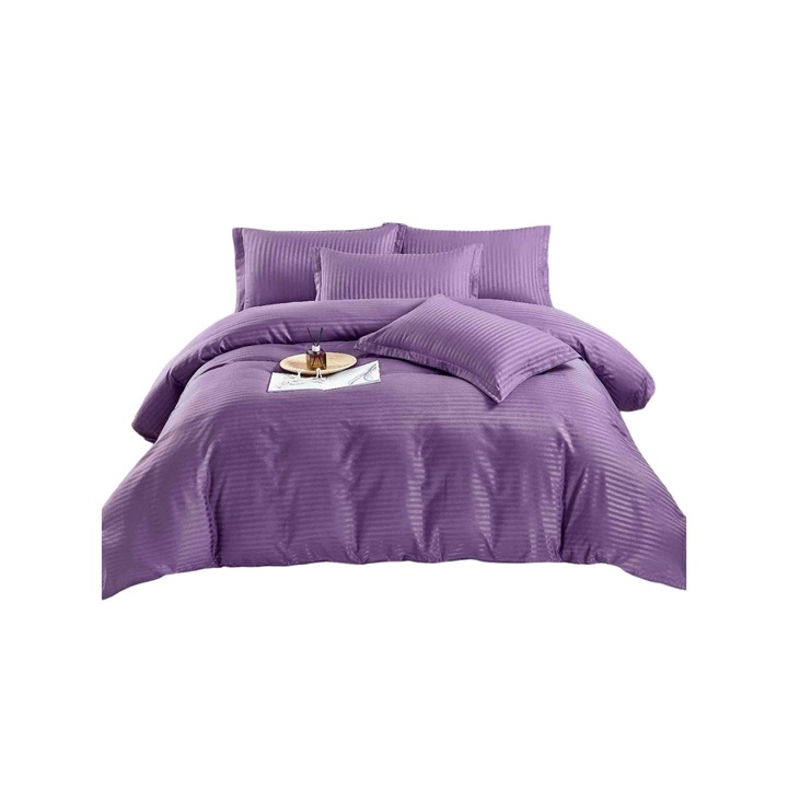 Lenjerie de pat pentru 2 persoane cu elastic Damasc, JOJO, Bumbac satinat, 2 fete, 6 piese, mov