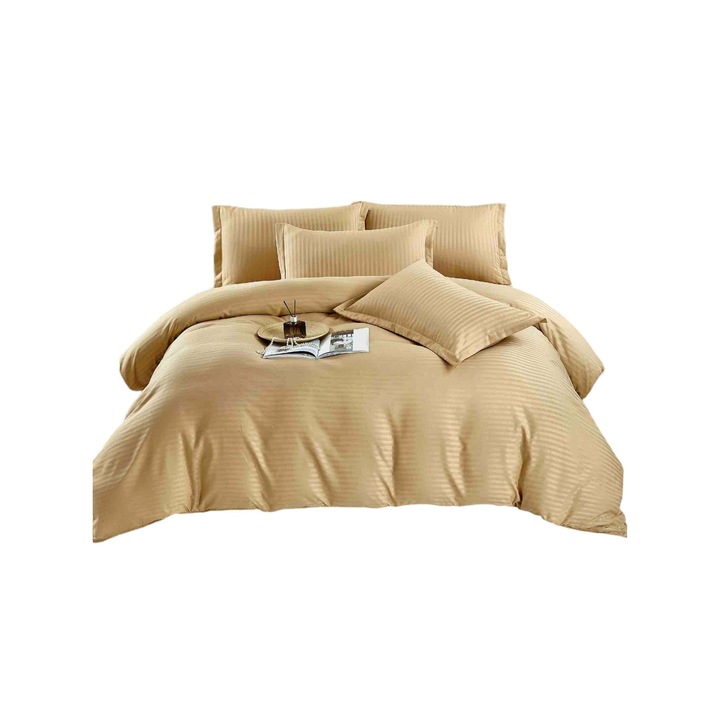 Lenjerie de pat pentru 2 persoane cu elastic Damasc, JOJO, Bumbac satinat, 2 fete, 6 piese, crem inchis