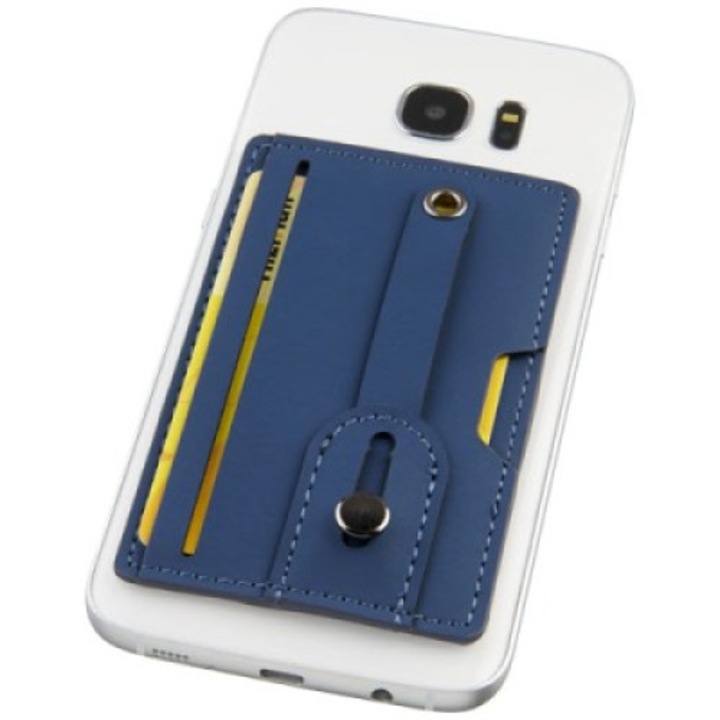 Suport carduri pentru telefon cu protectie RFID, prindere cu banda adeziva pe telefon si curea flexibila pentru prindere, VENITIVO ®, albastru marin, Lungime x latime x grosime: 10 x 6.5 x 0, 5 cm