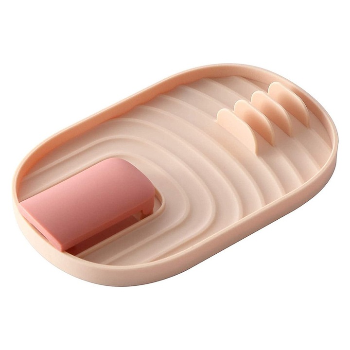Suport din silicon pentru ustensile de bucatarie si capace, Zola®, cu 5 spatii, din plastic, usor de curatat, 18 x11.5 cm, roz
