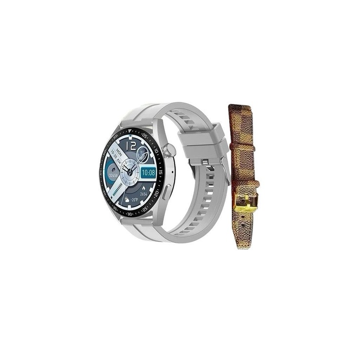 Smartwatch Premium Apeluri Vocale Bluetooth, ecran rotund tactil AMOLED 1.55inch, IP67, NFC, mesaje push, notificari, incarcare magnetica wireless, SPO2, monitorizare puls, calitate somn, selfie control camera, voice assistant AI, limba romana, gri maro