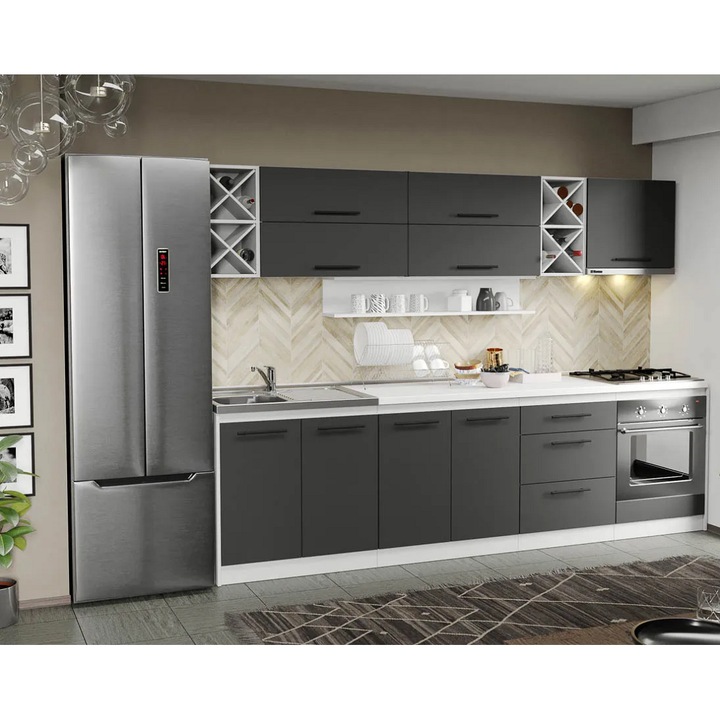 Set Mobila Bucatarie, 85, Gri Antracit, Sofi, 280 cm, Blat 38mm, Termorezistent