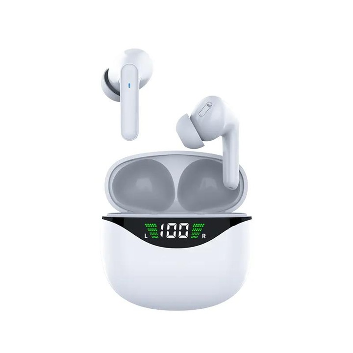 Casti wireless bluetooth 5.3, cu anularea zgomotului imbunatatita, Audio, Fara fir, Afisaj Digital, Bluetooth 5.3, Autonomie 60 ore, Microfon HD, Control touch, Rezistente la apa, Sport, Compatibilitate Universala, Alb